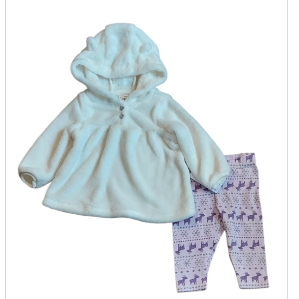 NWT Carter's White Fleece Smock Hoodie and Purple Deer Leggings ~3-6 M - Picture 1 of 2